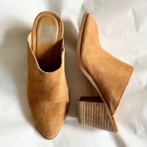 DV by Dolce Vita Women's Size 6.5 Filomina Tan Brown Leather Mules Stacked Heels